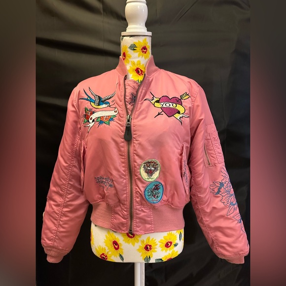 Y2K Ed Hardy Reversible Pink Bulldog Bomber Jacket - Picture 1 of 13